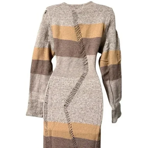 PrettyLittleThing XS Mocha Tie Front Distressed Knit Bardot Maxi Dress - Picture 3 of 6